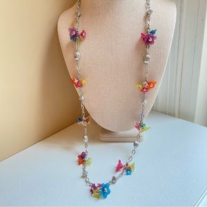 Flower blossom station necklace with clustered beads on silvertone chain